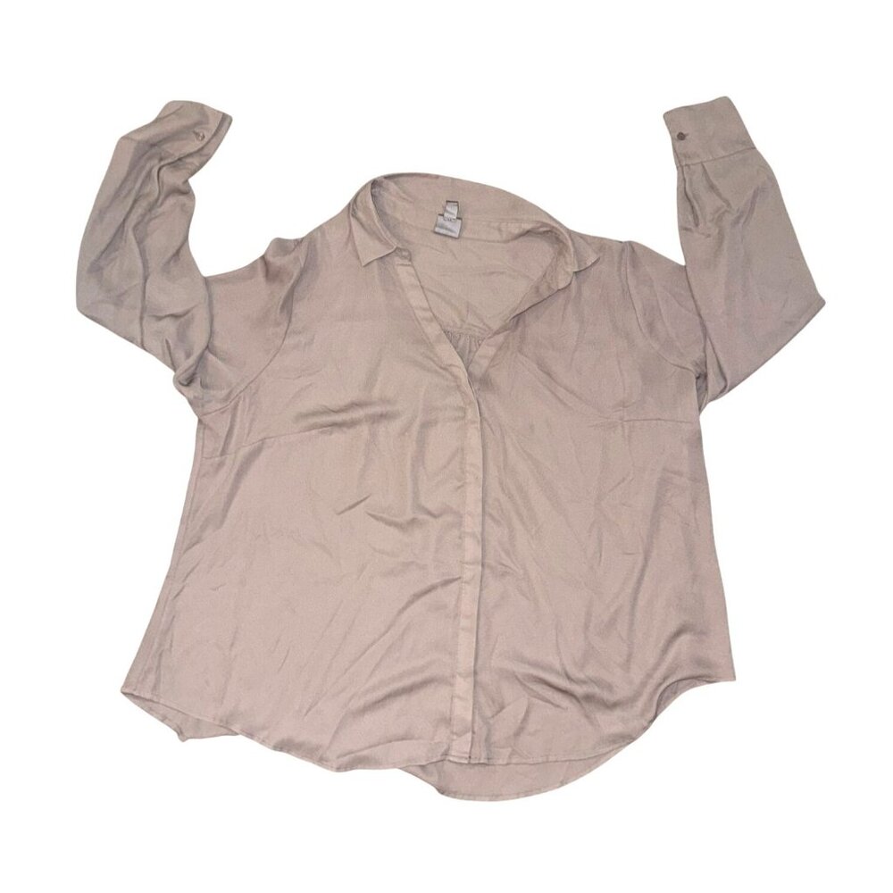 Worthington Womens Sheer Button-Up Blouse 2X Taupe Long Sleeve Lightweight Polye